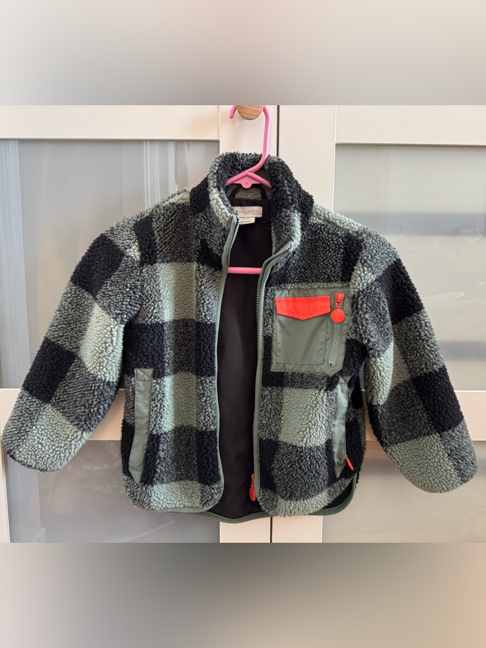 Stella McCartney Green & Black Plaid Sherpa Jacket with Red/Orange Accents